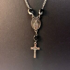 St Peregrine St Anthony Rosary Necklace Silver Black Bead Catholic Goth Boho